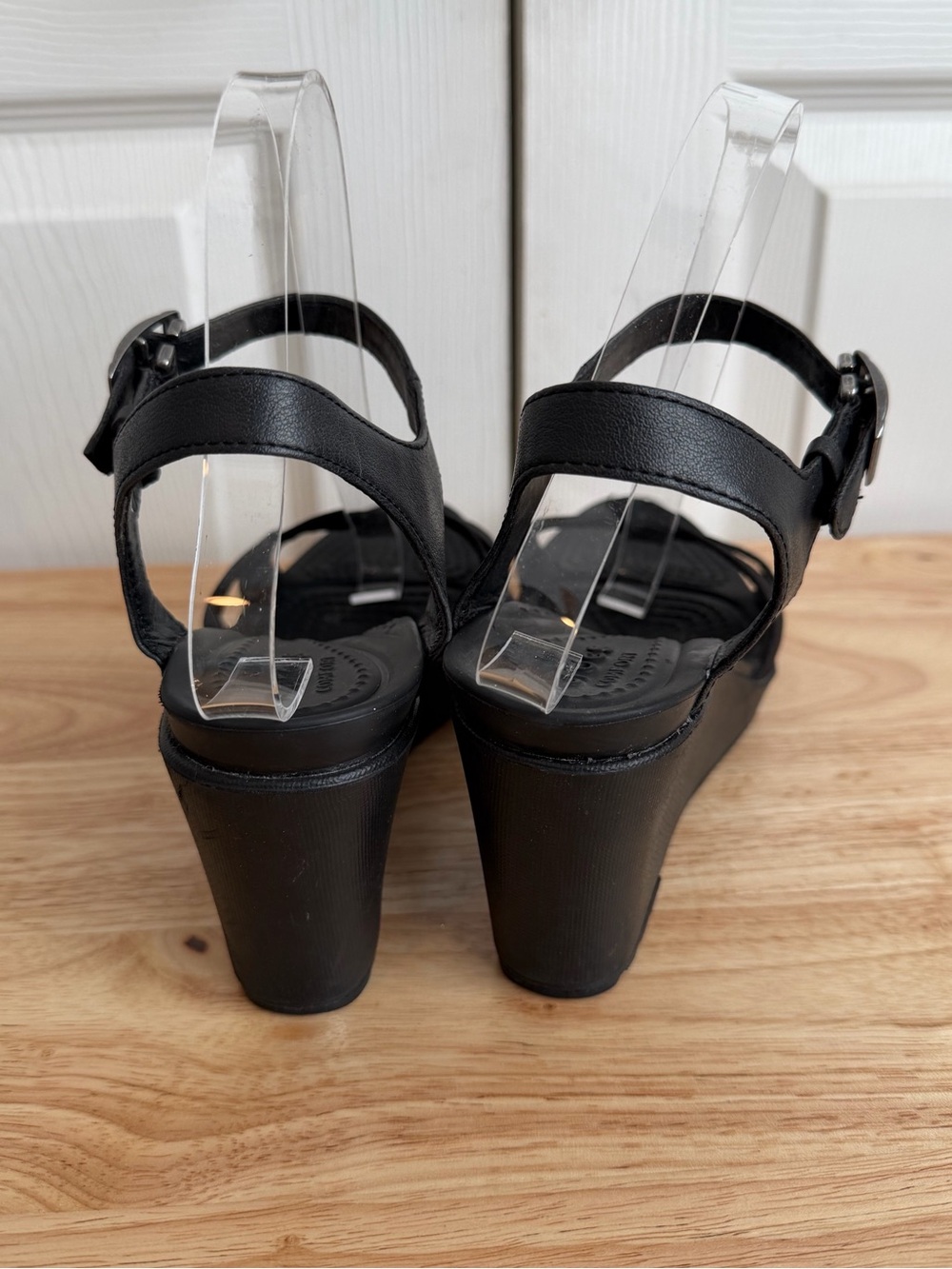 Crocs Leigh II Wedges Black Canvas Ankle Strap Sandals Y2K Minimalist Chic W7 - Picture 6 of 12